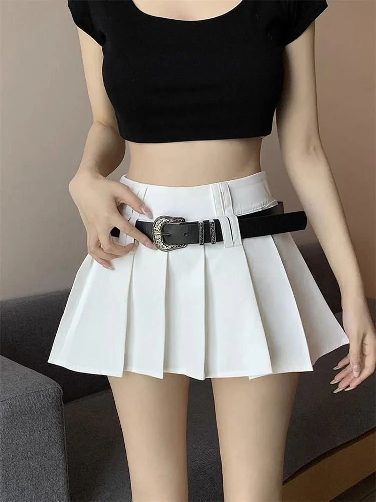 Oocharger Vintage Belt Pleated Skirt Women High Waist Streetwear Sexy Mini Skirt Summer Casual Korean A Line Female Dance Skirt New