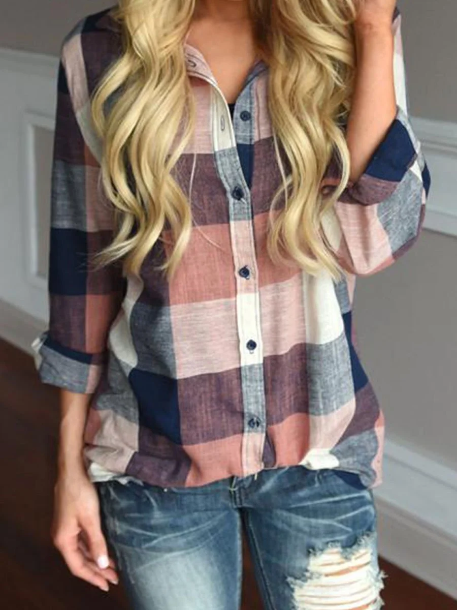 Lapel Plaid Casual Blouse