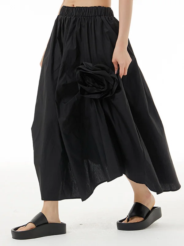 Loose Asymmetric Elasticity Solid Color Three-Dimensional Flower Skirts Bottoms