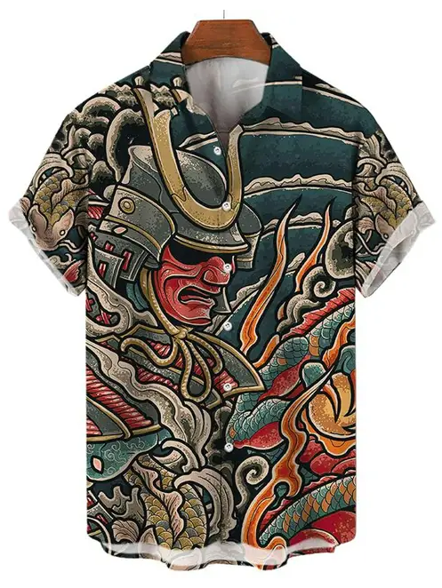 Samurai Warrior and Dragon Button-Up Shirt PLUSCLOTHESMAN