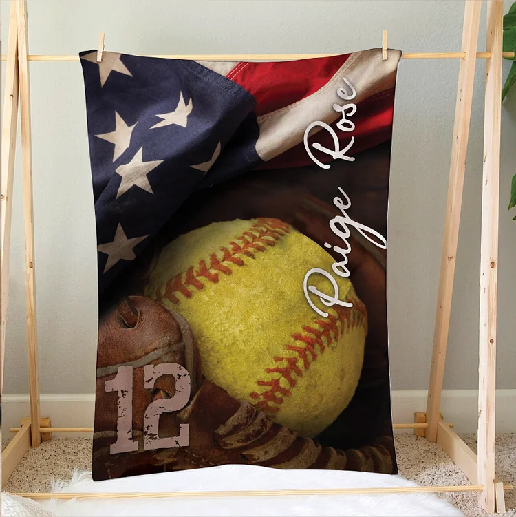 Personalized Softball Blanket, Ball & Glove US Flag Soft Cozy Blankets | BKKid450