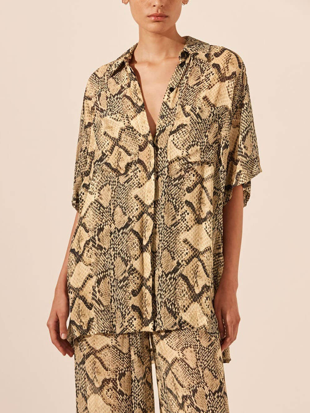 Modern Feel Satin Unique Snake Print Button Down Loose Shirt