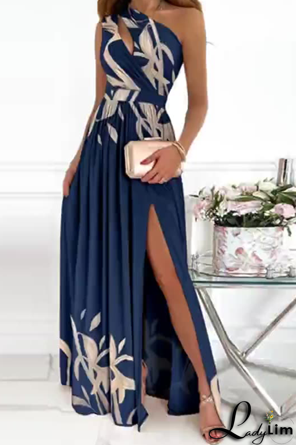 Blue Fashion Patchwork Slit One Shoulder Waist Skirt Dresses