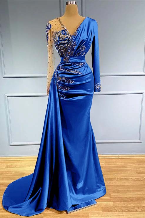 Daisda Long Sleeves Beadings Prom Dress V Neck Mermaid