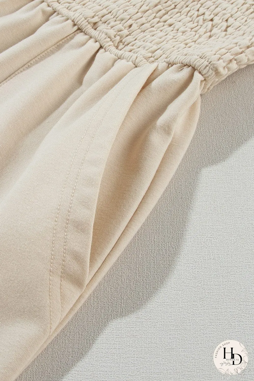 Beige Smocked Button Detail Sleeveless Romper