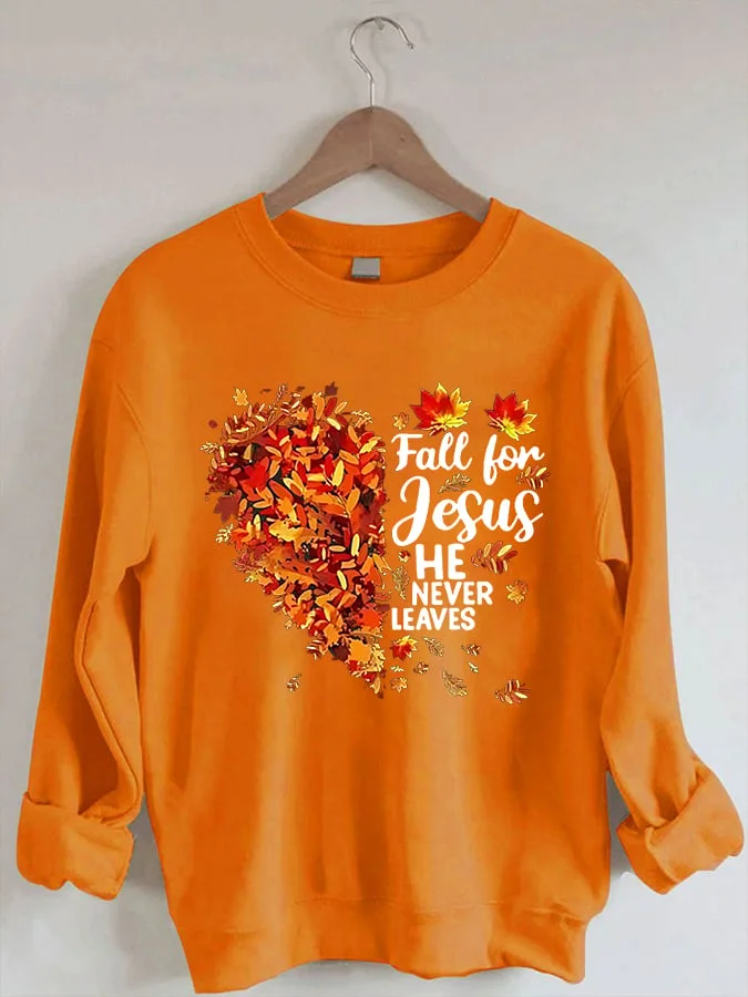 Women's Fall for Jesus He Never Leaves Maple Leaf Print Sweatshirt socialshop