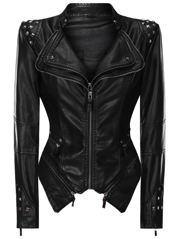 Punk Rivets Long Sleeve Shawl Collar Zipper PU Jacket