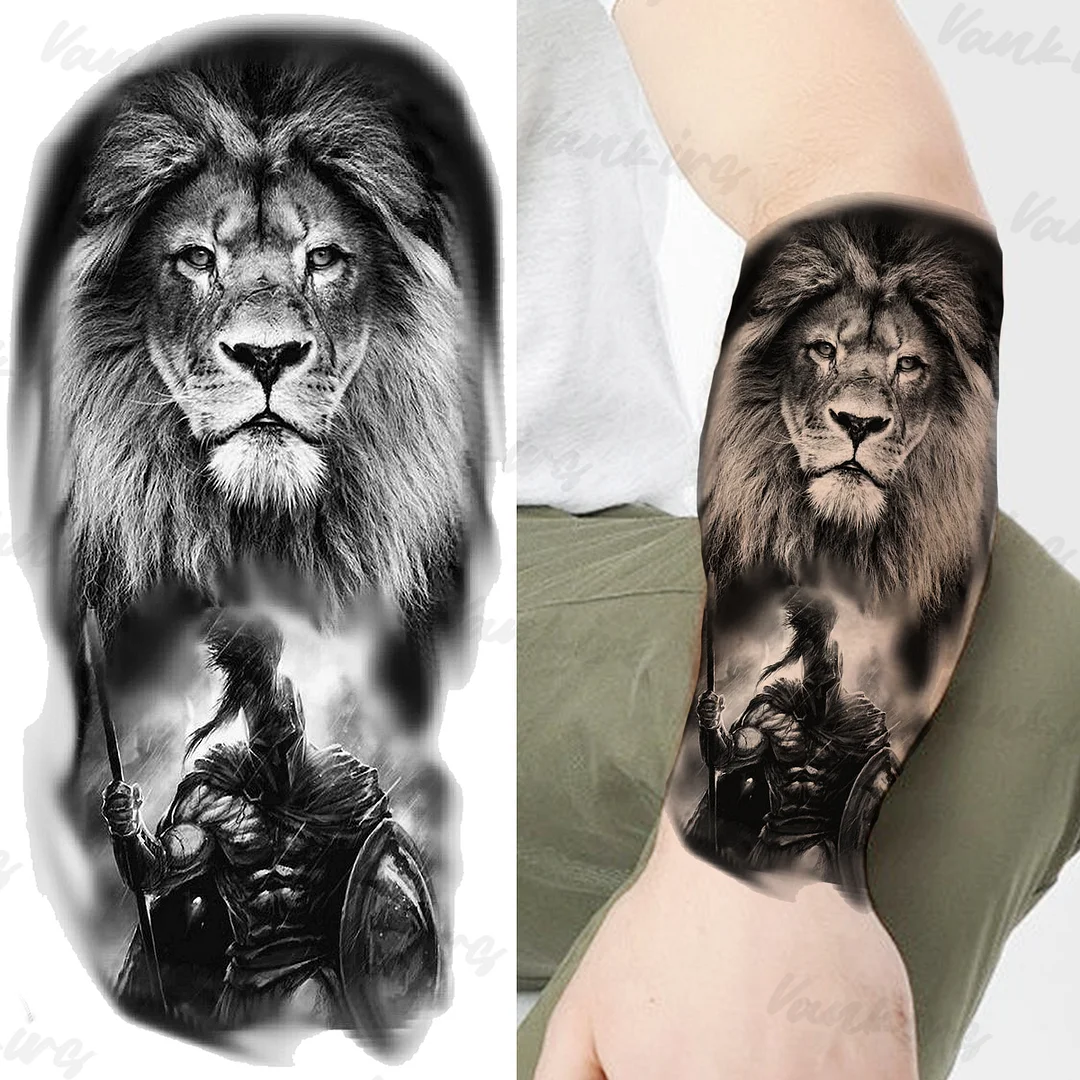Sdrawing Lion Knight Temporary Tattoos For Men Adults Realistic Tiger Skeleton Fake Tattoo Sticker Arm Water Transfer Tatoos 3D