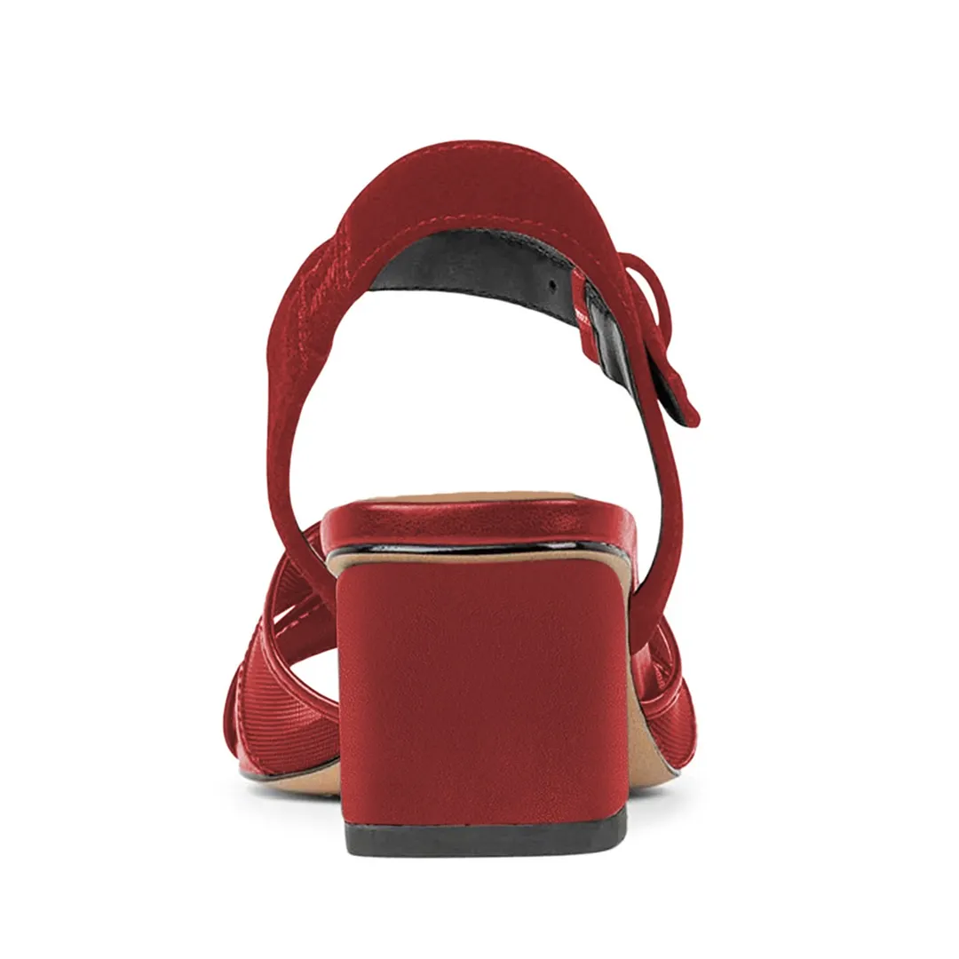 Red Mesh Patchwork Ankle Strap Open Square Toe Women's Heel Sandals