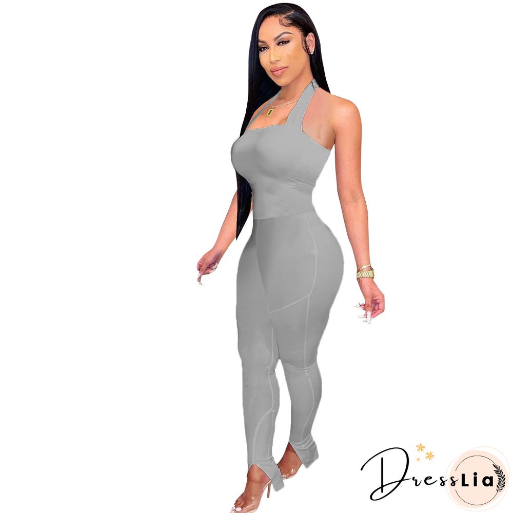 Women Solid Color Sportswear Sleeveless Halter Bodycon Jumpsuits