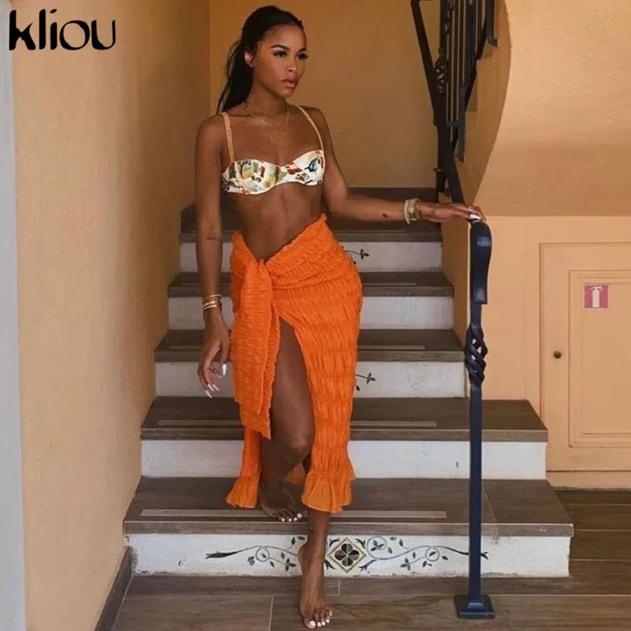 Kliou Pleated Woven Skirt For Women Harajuku Sexy Oversized Casual Clothing Irregular
