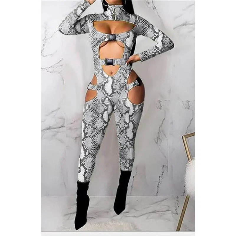 Sexy Women Bodycon Jumpsuit Solid Color Overalls Long Sleeves Rompers Bodysuits High Neck Hollow Out Buckle Biker Short Clubwear
