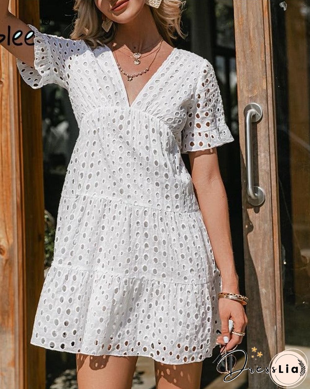 Sexy v-neck lace stitching white dress summer new Short-sleeved solid women casual Fashion