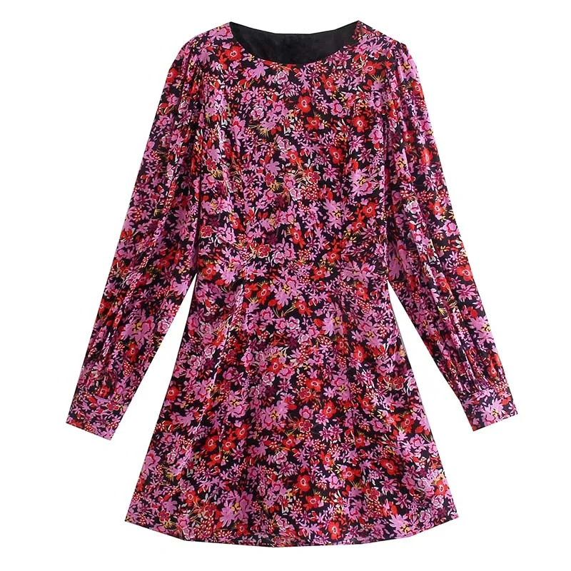 Aachoae Women Vintage Floral Printed Mini Dresses Casual O Neck Long Sleeve Dresses Female Fashion A Line Dresses Mujer Vestidos