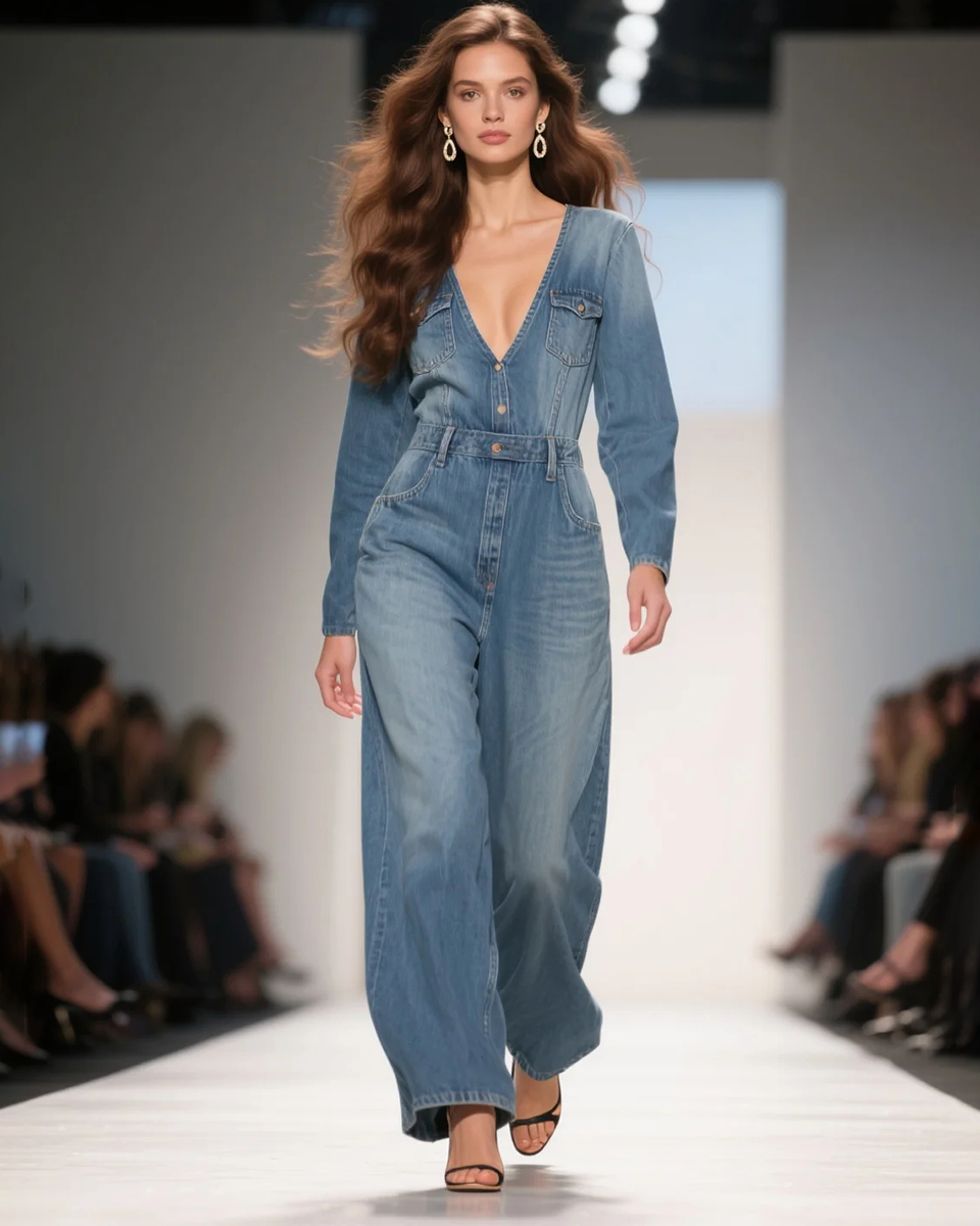Women's Fashion Elegant Long Sleeve V-Neck High Waist Denim Jumpsuit