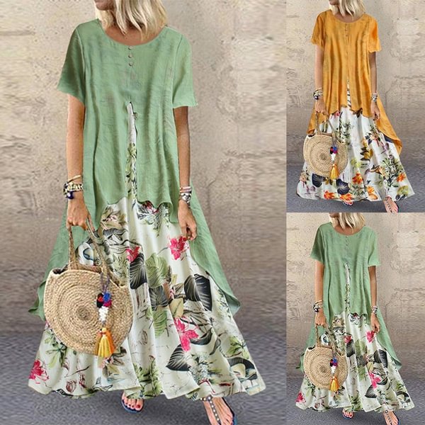 ZANZEA Women's Vintage Round Neck Short Sleeve Floral Print Dress Ladies Long Maxi Dress - Shop Trendy Women's Fashion | TeeYours