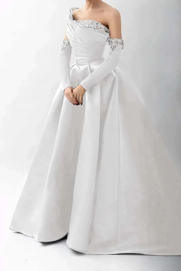 Black Beaded One-Shoulder Long Prom Dress With Rhinestones Sleeves ZT0474