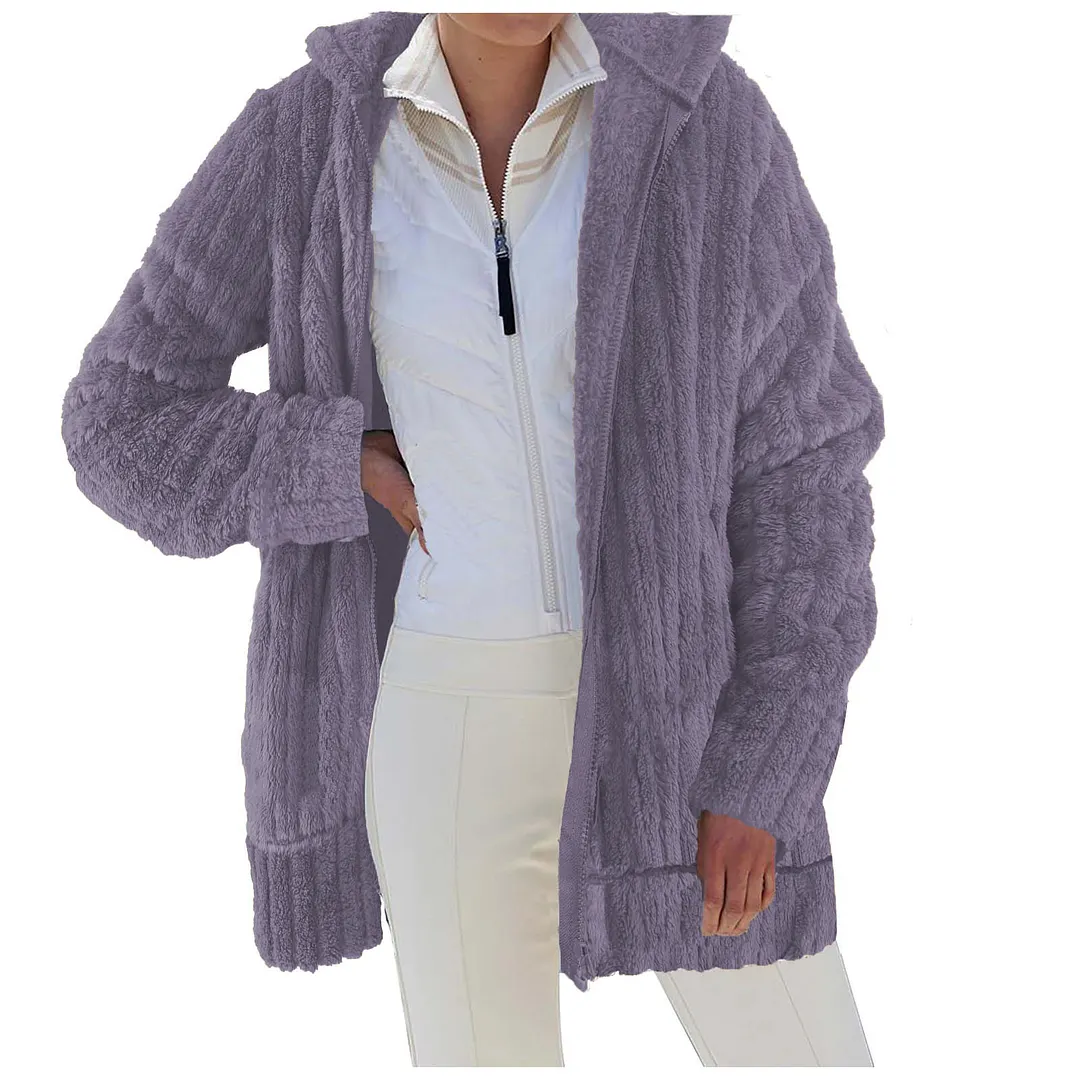 Churchf Churchf Autumn / Winter Warm Plush Pure Color Zipper Pocket Hooded Loose Coat Female