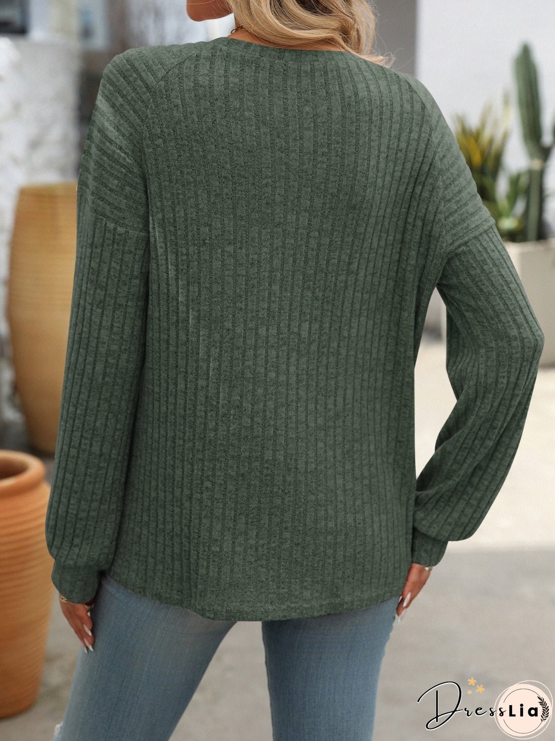 Decor Button Long Sleeve Ribbed T-Shirt