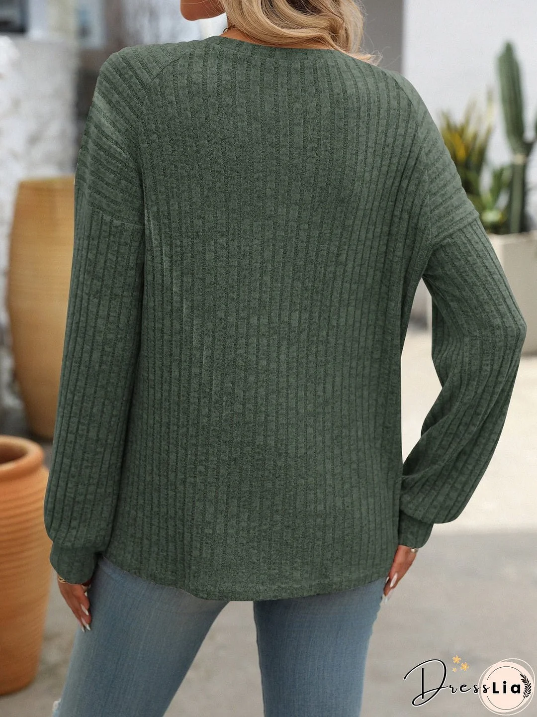 Decor Button Long Sleeve Ribbed T-Shirt