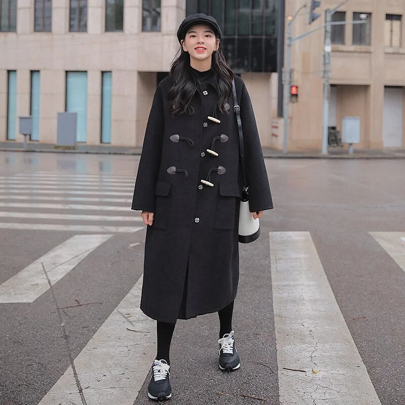 Brand New Long Women Overcoat Horn Button Wool Blend Coat for Lady Winter Outerwear Female Clothes Thick Warm Black