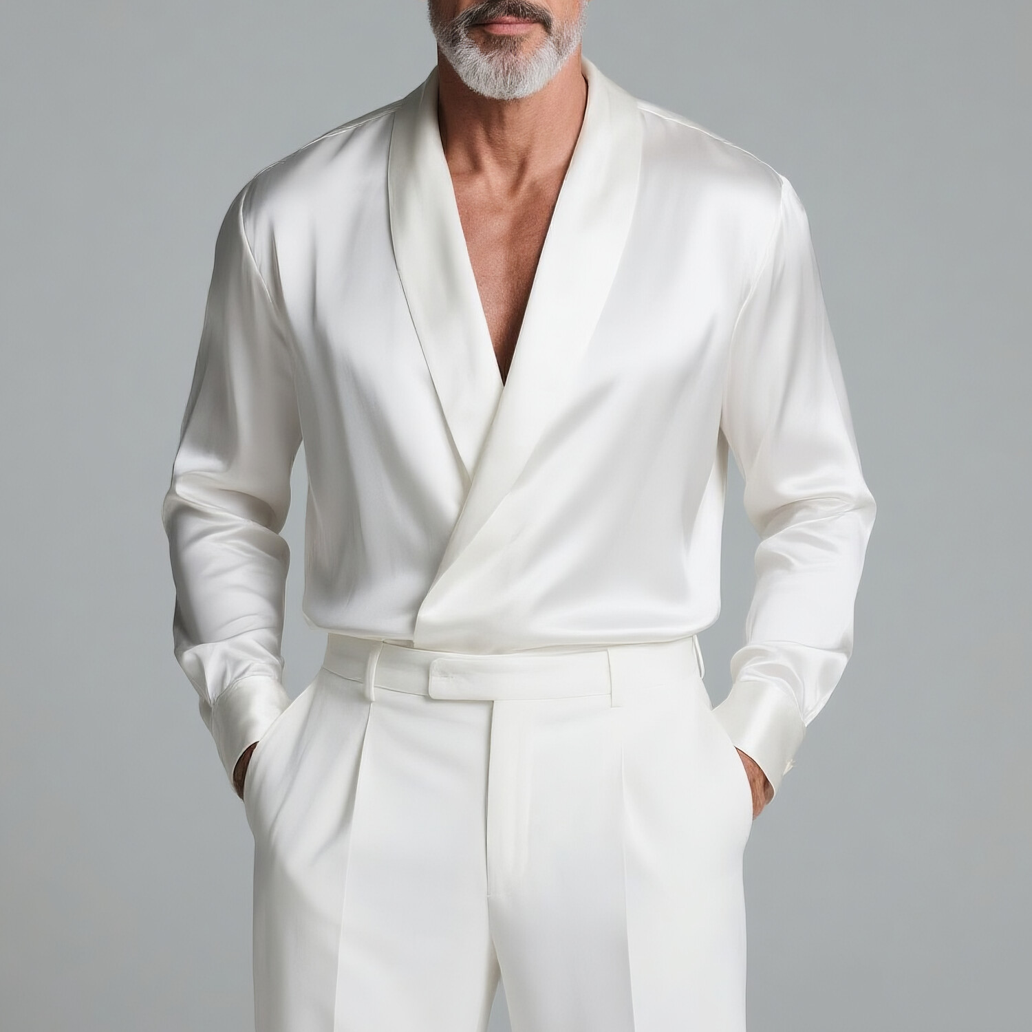 Men's Satin Shawl Lapel Wrap Front Long Sleeve Shirt