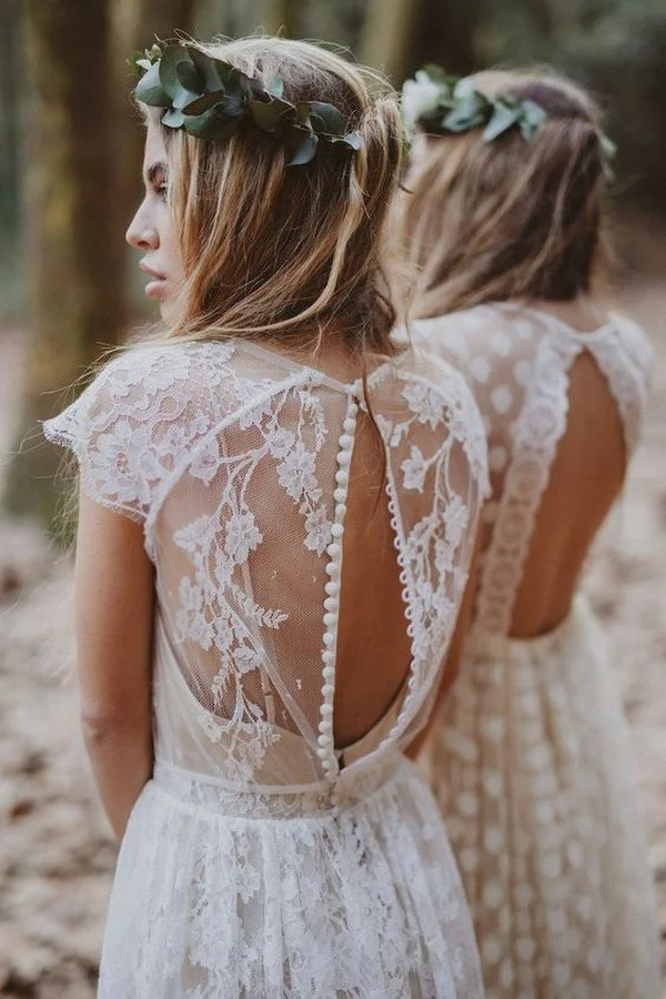 Buttons Up Mermaid Lace Boho Wedding Dresses with Cap Sleeves