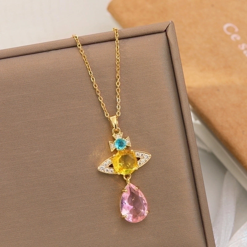 2 Pieces Vintage Style Heart Shape Flower Bow Knot Titanium Steel Copper Tassel Plating Inlay Zircon Pendant Necklace