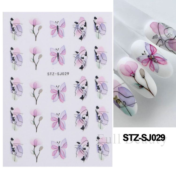 Bayoumowers Pink Marble 3D Nail Stickers Ink Blooming Geometry Lines Adhesive Sliders Watercolor Flower Leaves Nail Art Decals LASTZ-SJ031