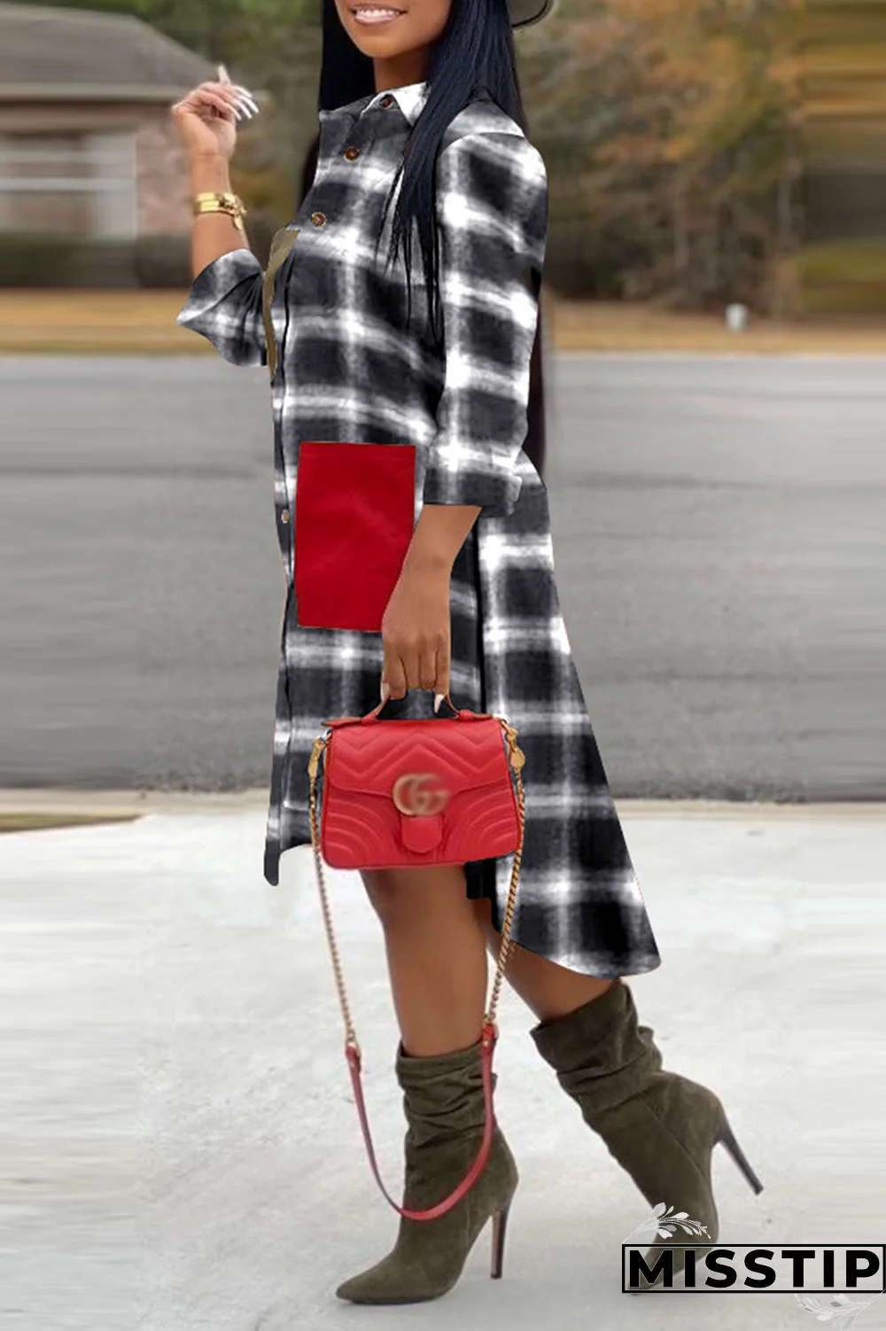 Blue Casual Plaid Patchwork Turndown Collar Shirt Dress Dresses