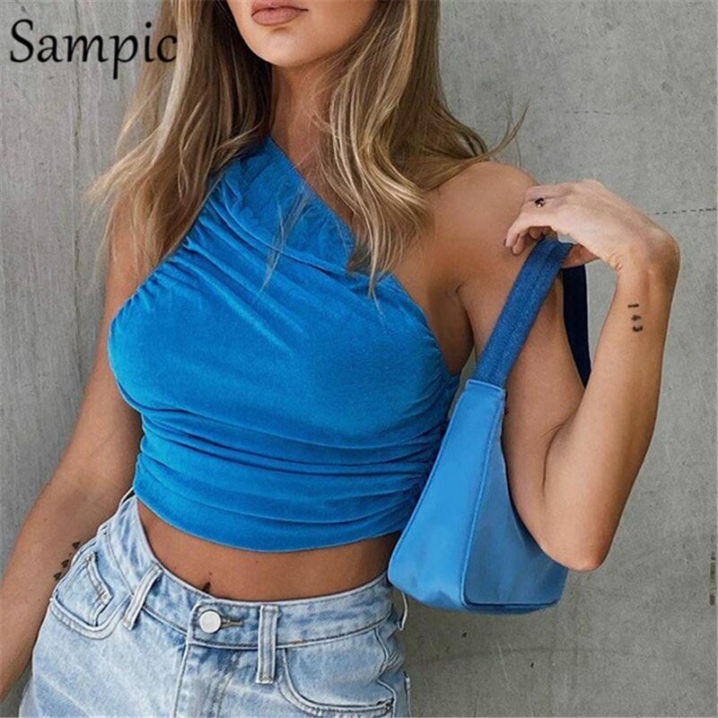 Sampic Sexy Women 2020 One Shoulder Ruched Crop Tops Ladies White Club Basic Camis Backless Sleeveless Tank Tops Sweatwear