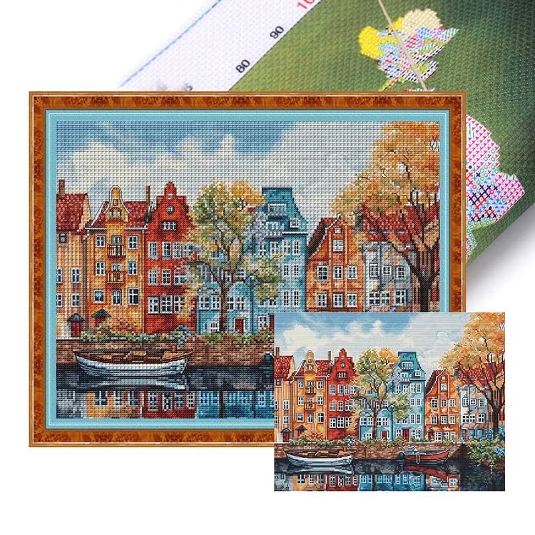 Colorful Huts By The River (55*45cm) 11CT Stamped Cross Stitch gbfke