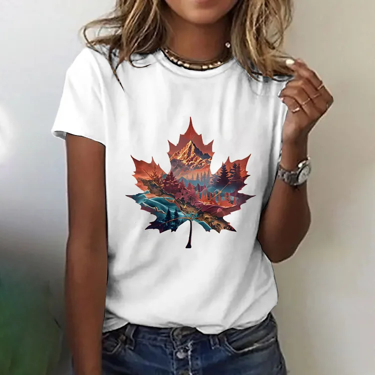 Simpfit Damen T-Shirt mit Rundhalsausschnitt und kurzen Ärmeln, Motiv: kanadisches Ahornblatt mit malerischer Herbstlandschaft