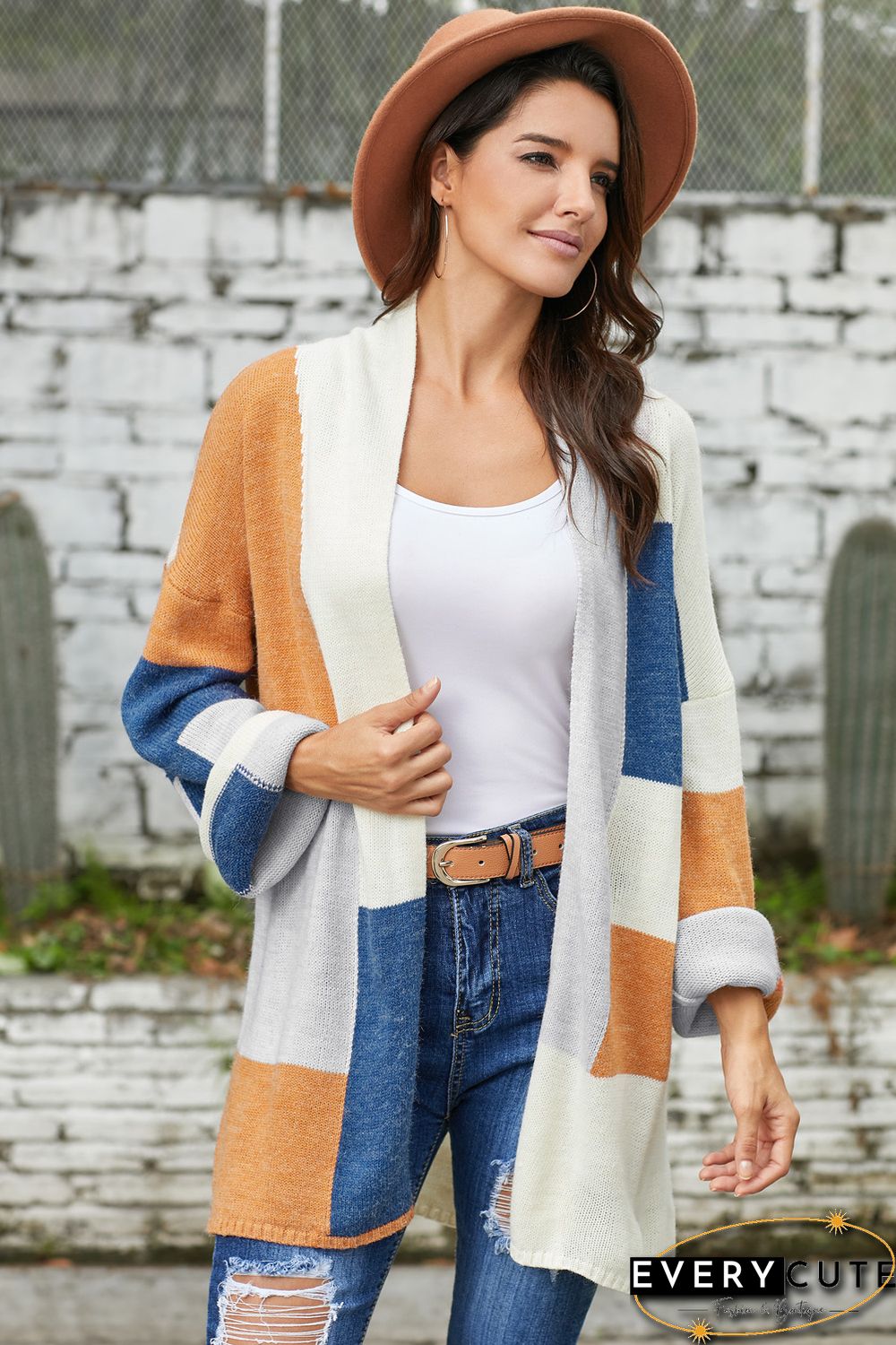 Khaki Blue Multi Colorblock Open Front Cardigan