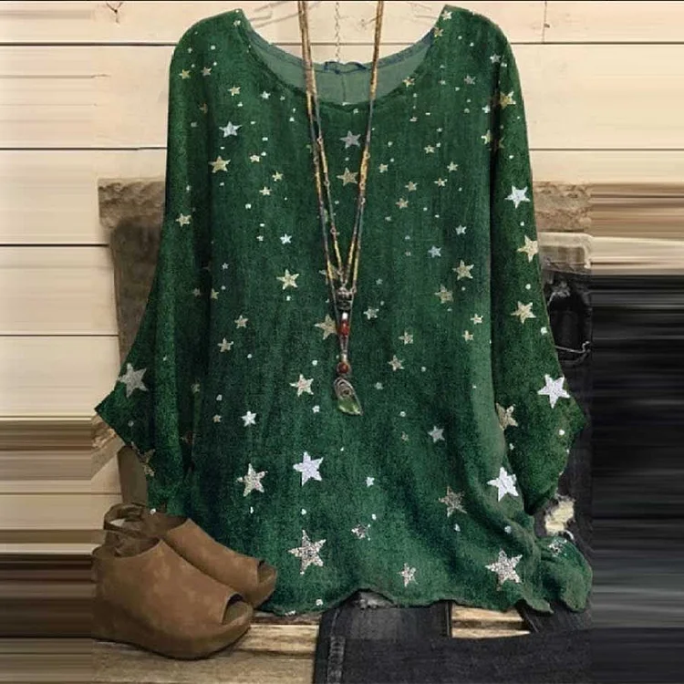 Star Print Round Neck Loose Retro Cotton Linen Tops
