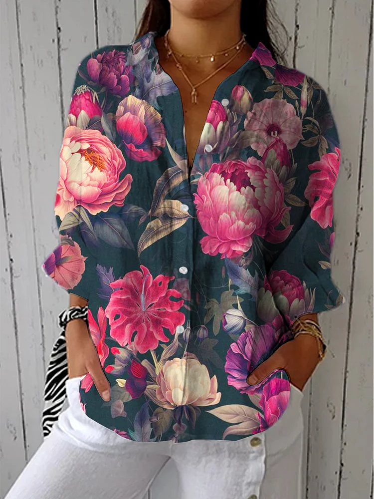 Women's Vintage Floral Art Print Casual Cotton Linen V-neck Shirt