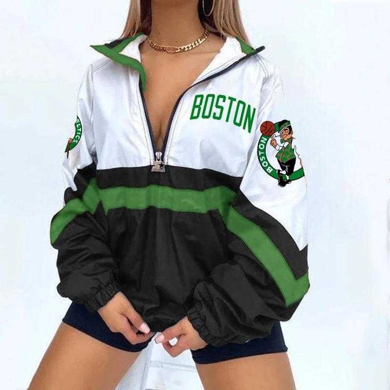 Women's Support Boston CelticsBoston Celtics Basketball Print V Neck Zipper Sweatshirt Jacket Top