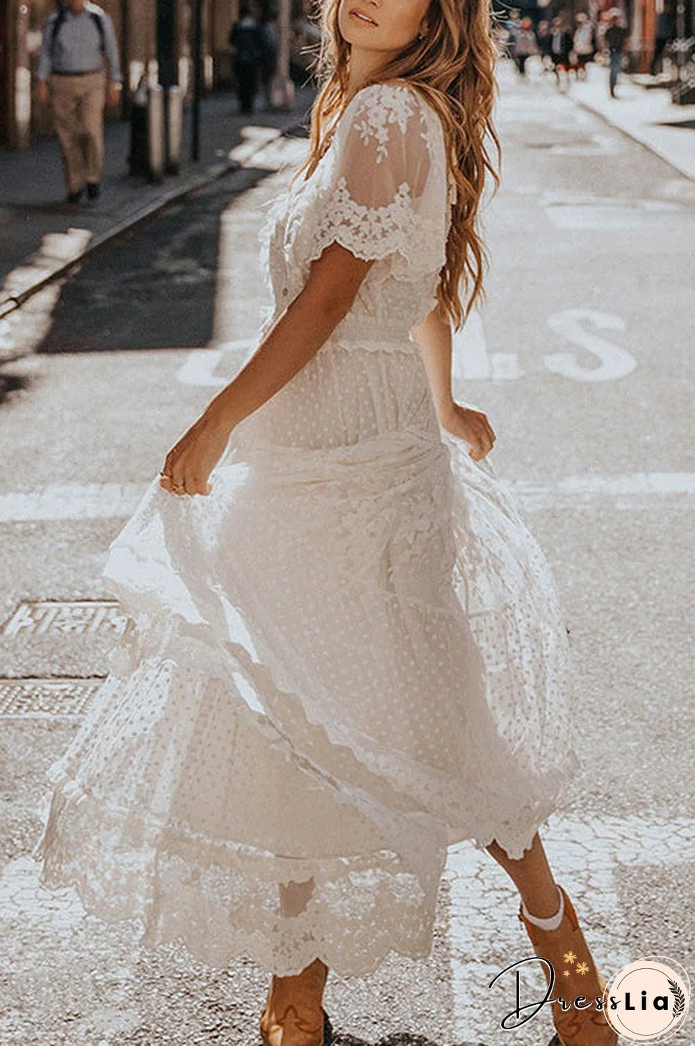 White Lace V-neck Maxi Dress