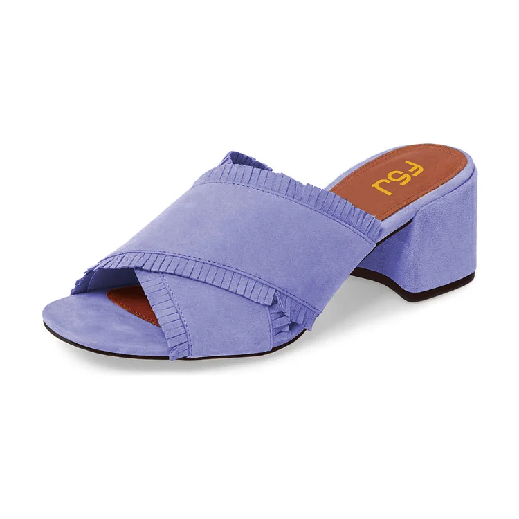Women's Purple Vegan Suede Peep Toe Chunky Heel Mules Sandals |FSJ Shoes