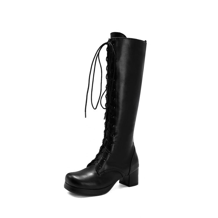 Women's block heels knee high combat boots front lace knight boots tall lace-up boots with side zipper