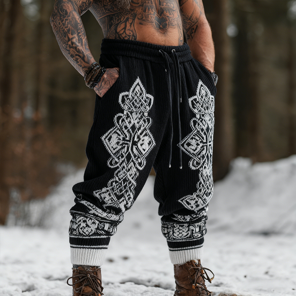 Men's Retro Viking Style Printed Knit Long Pants elevenforest