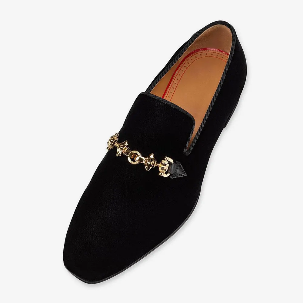 Gentleman's  Black Suede Leather Spike Strap Square Toe Slip-On Dress Prom Wedding Red Bottom Shoes-vocosishoes