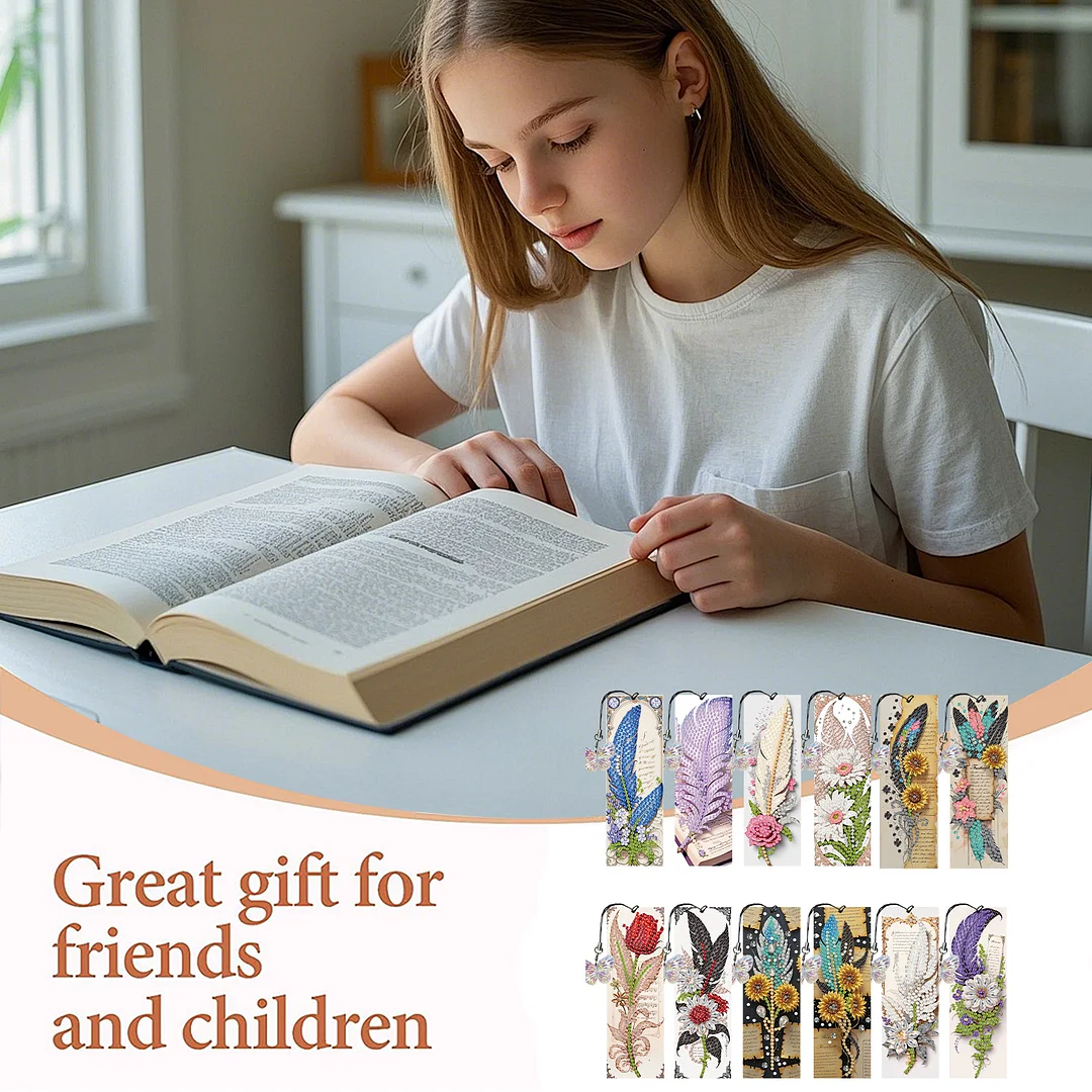 12Pcs Feathers Flowers DIY Diamond Art Painting Bookmark for Reading Enthusiasts