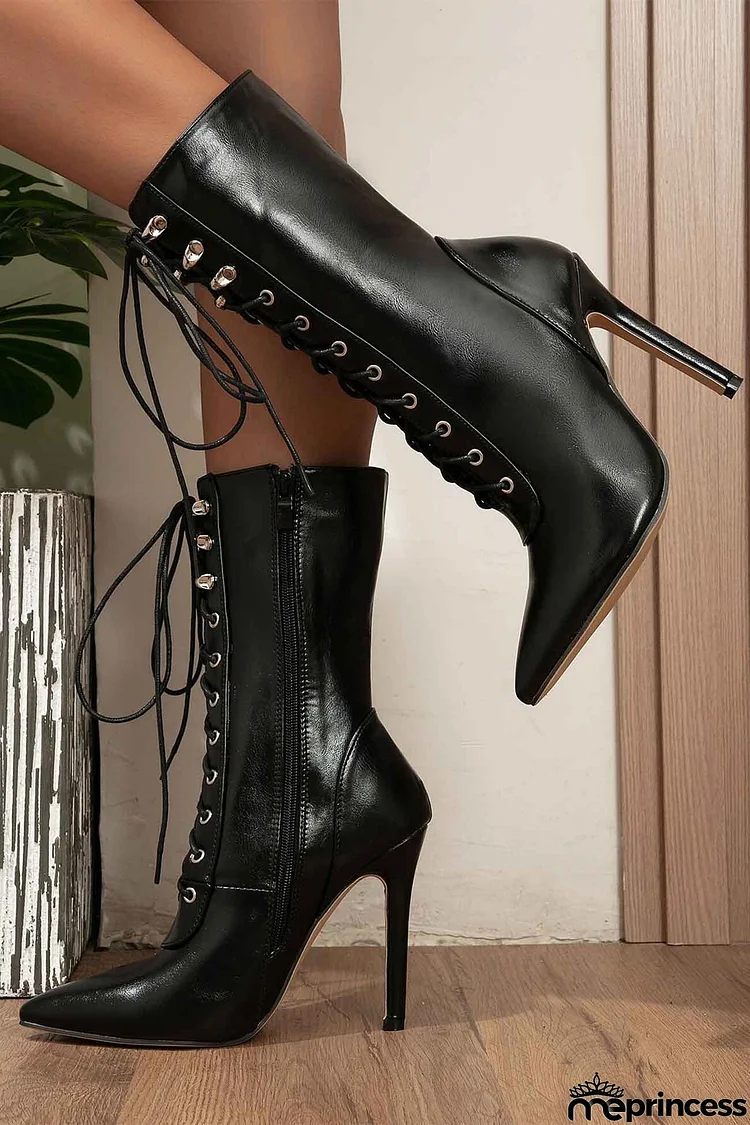 Pointed Toe Lace Up Mid-Calf Boots