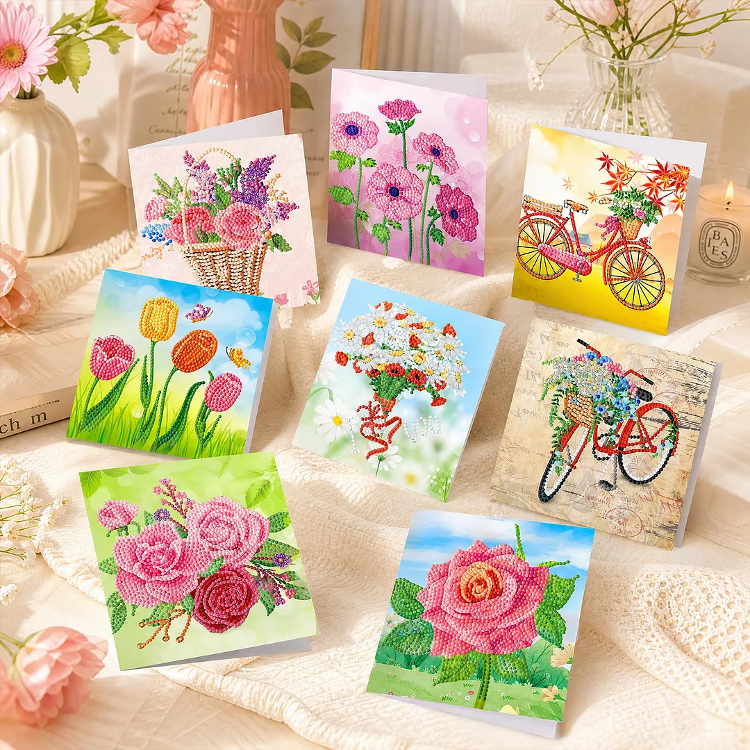 8PCS Flowers DIY Diamond Painting Greeting Card Kits with Envelopes Diamond Art Greeting Cards Diamond Art Cards Kits for Adults DIY Crafts Family Friend Gifts
