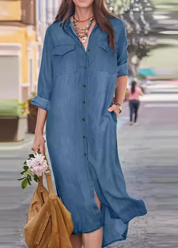 Casual Loose Denim Long Sleeve Shirt Dress