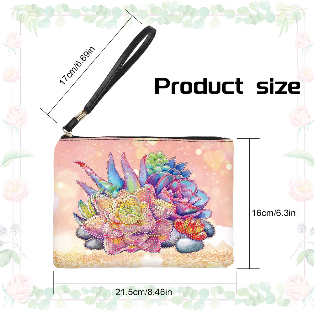 DIY Succulent PU Partial Special Shaped Diamond Painting Wallet Makeup Bag