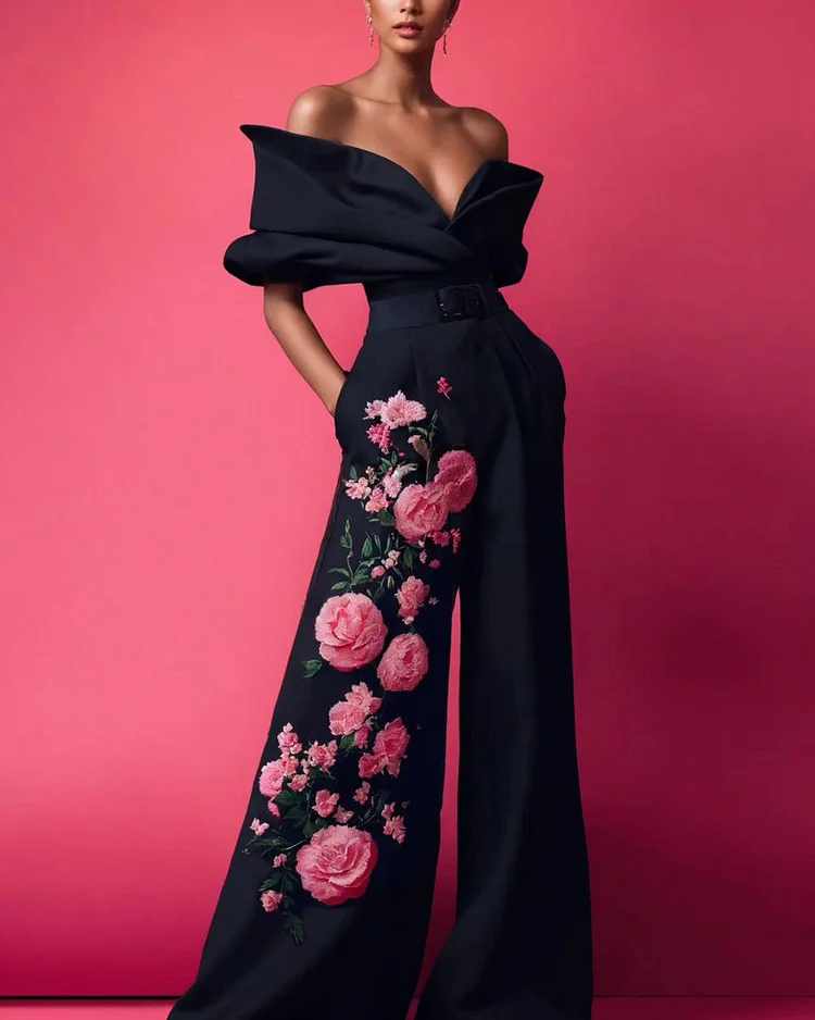 Belted Embroidered Floral Jumpsuit