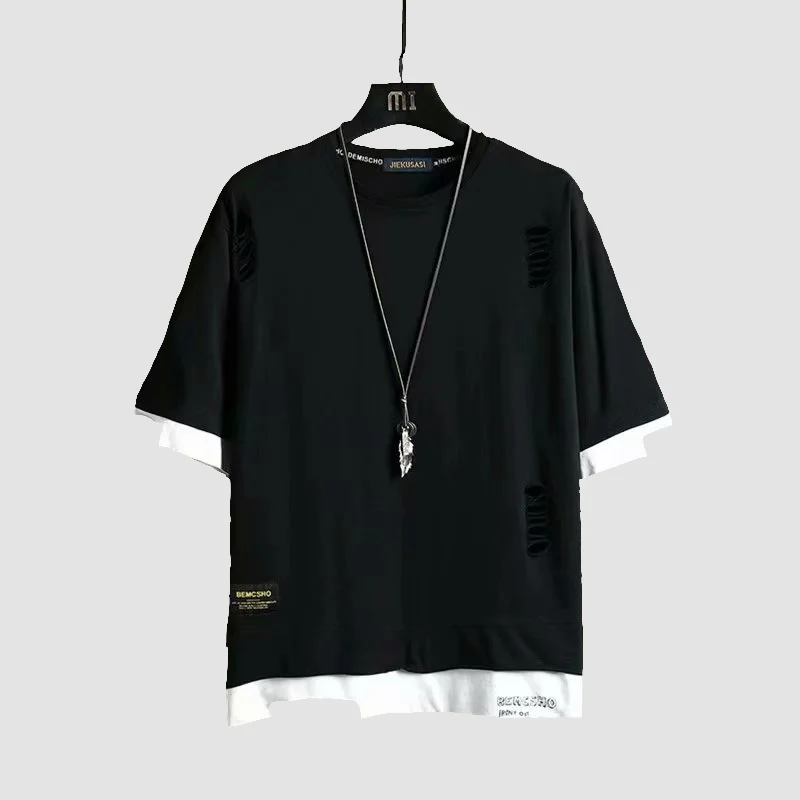 Hip-hop hole round neck fake two T-shirts Techwear Shop