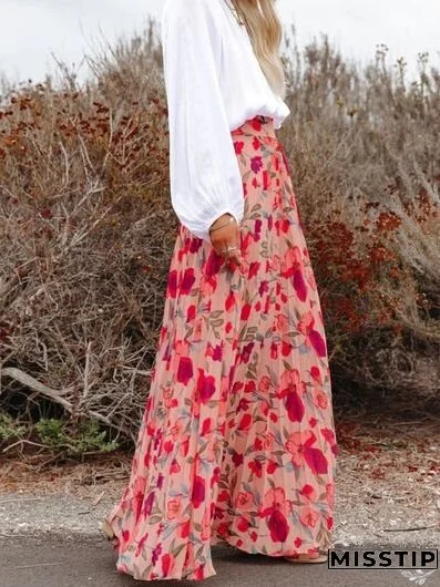 Printed High Waist Pleated Skirt